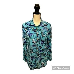 Talbots paisley long sleeve button up shirt with green detail under buttons